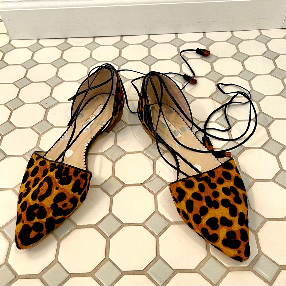 Biden leopard ankle wrap pointed toe flats